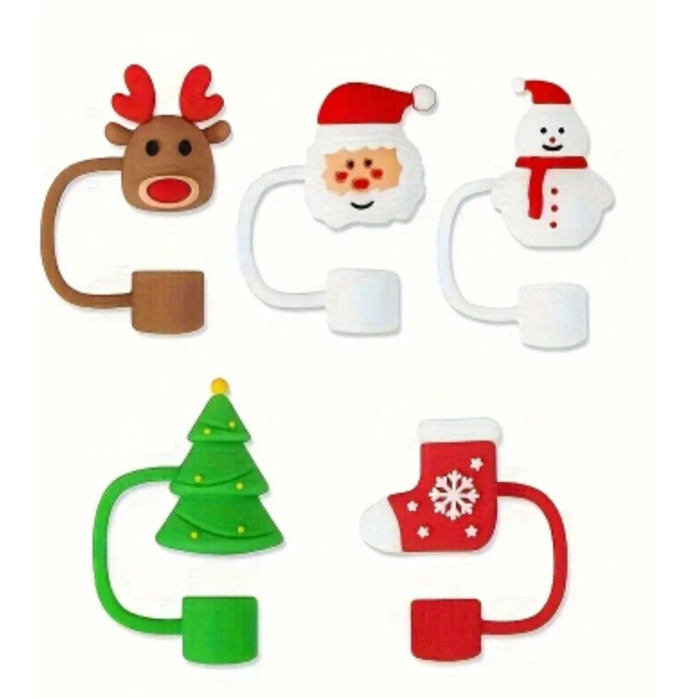 5pc Christmas Silicone Straw Cover Topper Tumbler Straws Holiday Stanley